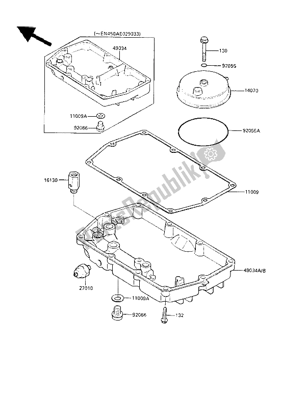 All parts for the Breather Cover & Oil Pan of the Kawasaki LTD 450 1987