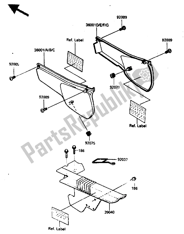 Alle onderdelen voor de Zijkap & Kettingkast van de Kawasaki KLR 250 1986