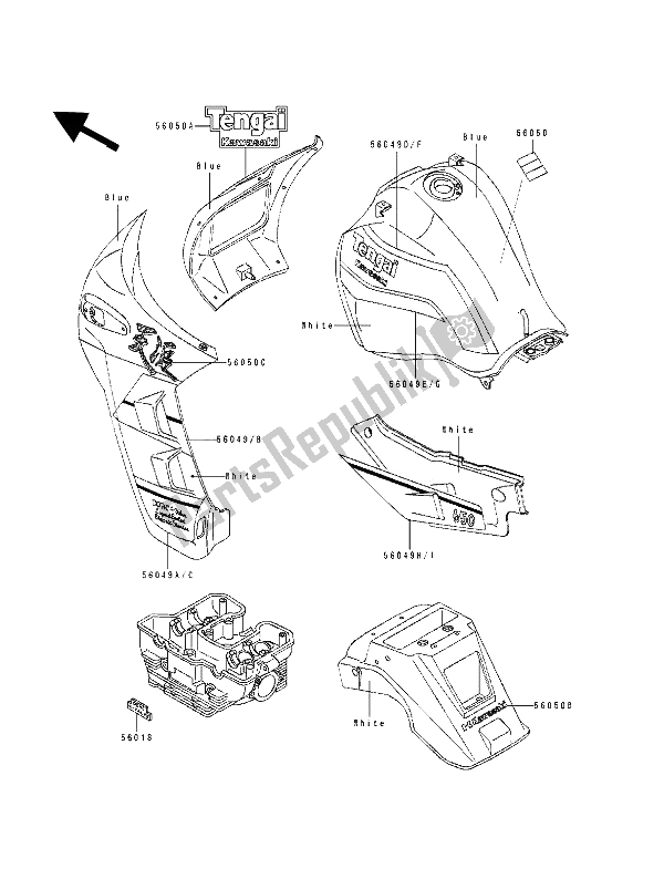 Todas as partes de Decalque (azul E Branco) do Kawasaki Tengai 650 1991