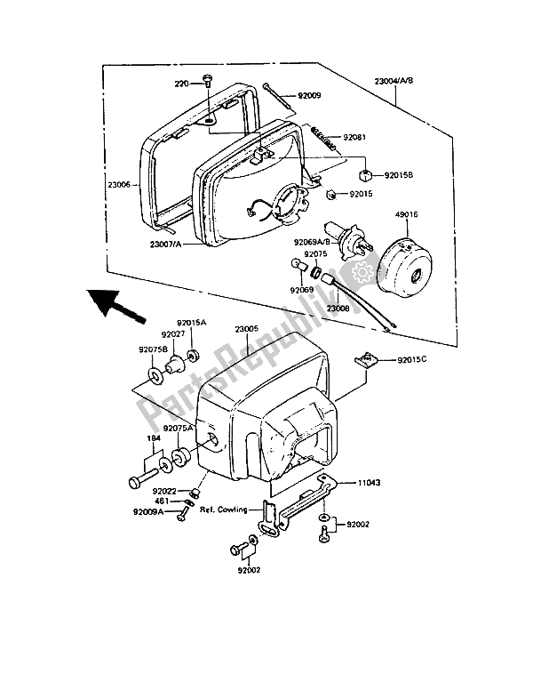 Alle onderdelen voor de Koplamp (en) van de Kawasaki GPZ 550 1985