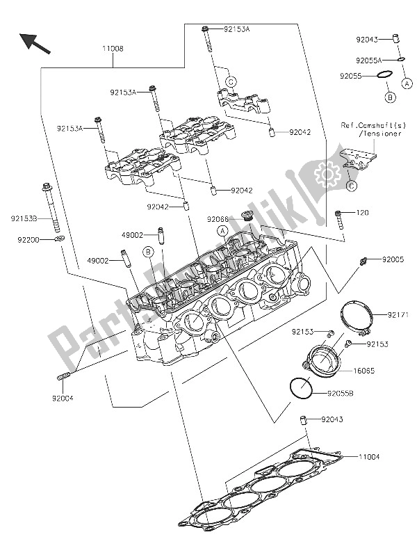 All parts for the Cylinder Head of the Kawasaki Ninja ZX 6R 600 2016