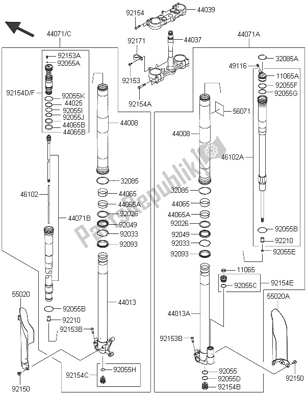 All parts for the Front Fork of the Kawasaki KX 450F 2016