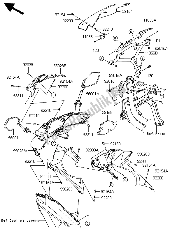 All parts for the Cowling (upper) of the Kawasaki ER 6F 650 2012