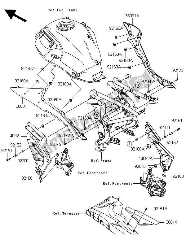 Alle onderdelen voor de Zijafdekkingen En Kettingafdekking van de Kawasaki Versys 650 2010