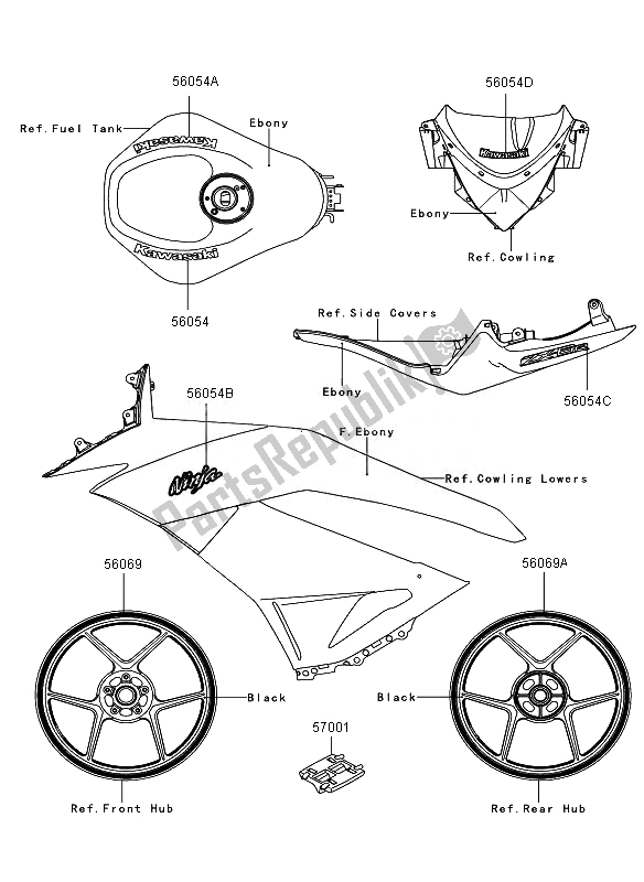 Tutte le parti per il Decalcomanie (ebano) del Kawasaki Ninja ZX 6R 600 2011