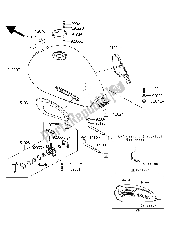 All parts for the Fuel Tank of the Kawasaki W 650 2004