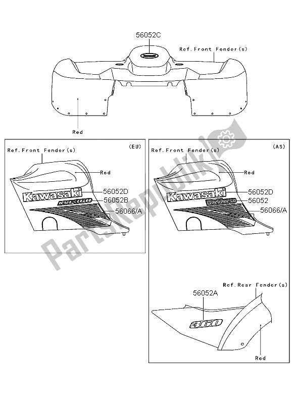 All parts for the Decals (red) of the Kawasaki KVF 360 2004