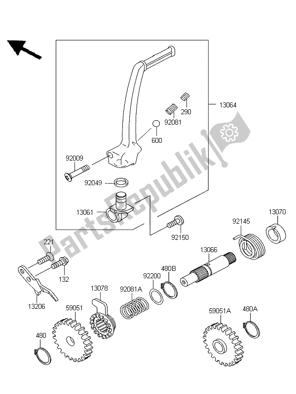 All parts for the Kickstarter Mechanism of the Kawasaki KX 65 2012