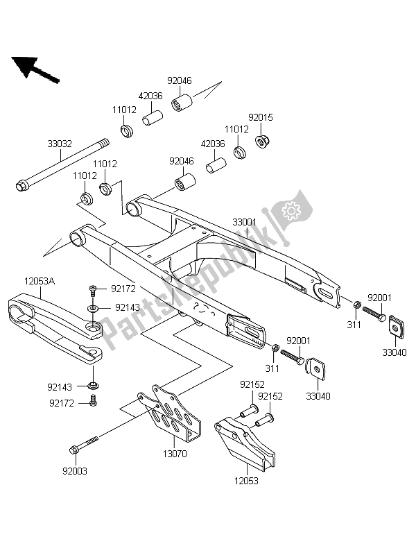 Alle onderdelen voor de Achterbrug van de Kawasaki KX 65 2011