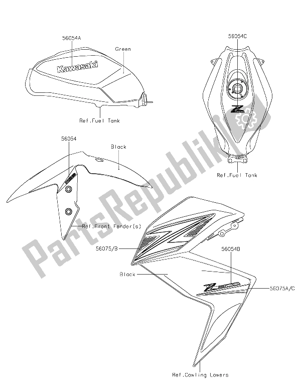 All parts for the Decals (green) of the Kawasaki Z 300 ABS 2015