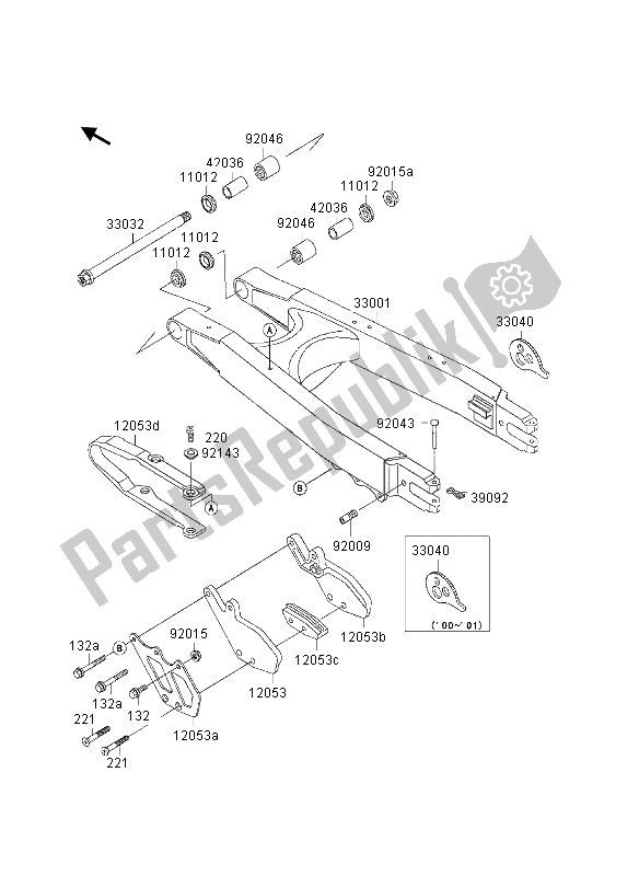 All parts for the Swingarm of the Kawasaki KLX 300R 1997