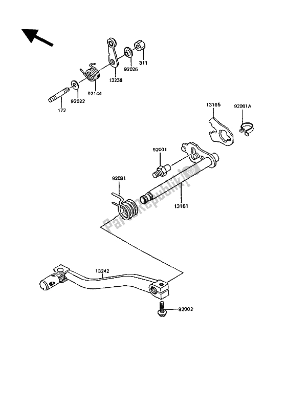 All parts for the Gear Change Mechanism of the Kawasaki KMX 200 1991