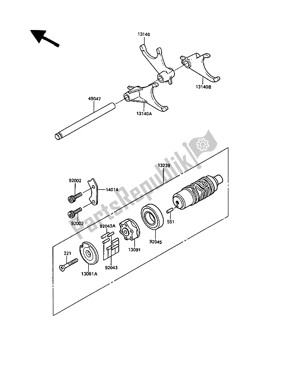 All parts for the Change Drum & Shift Fork of the Kawasaki 1000 GTR 1990