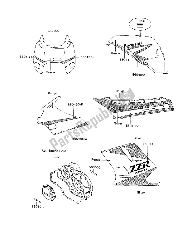 All parts for the Decal (rouge-silver) of the Kawasaki ZZ R 1100 1990
