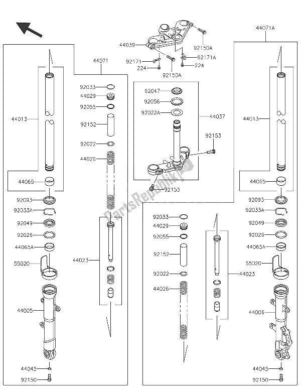 All parts for the Front Fork of the Kawasaki Ninja 300 2016