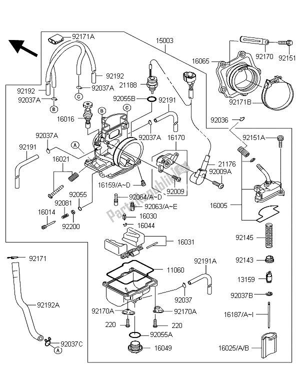 Alle onderdelen voor de Carburator van de Kawasaki KX 250 2008