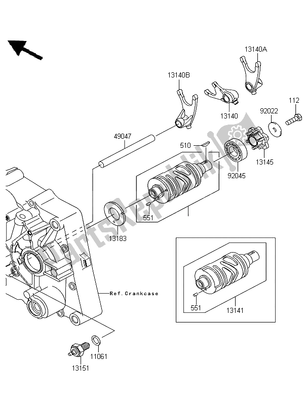 All parts for the Gear Change Drum & Shift Fork of the Kawasaki D Tracker 125 2011