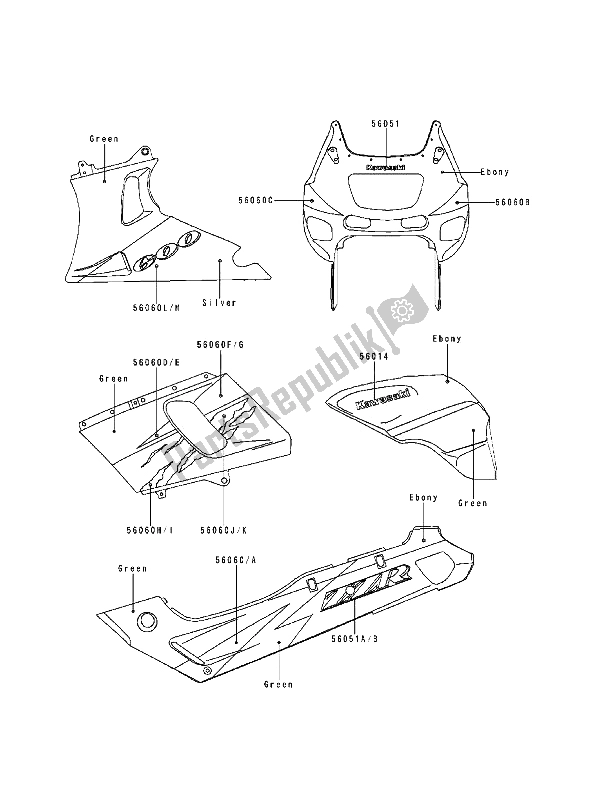 All parts for the Decals(ebony-green) of the Kawasaki ZZ R 600 1994