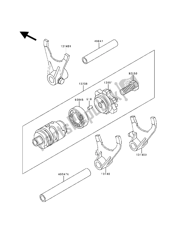 All parts for the Gear Change Drum & Shift Fork(s) of the Kawasaki KX 500 1994