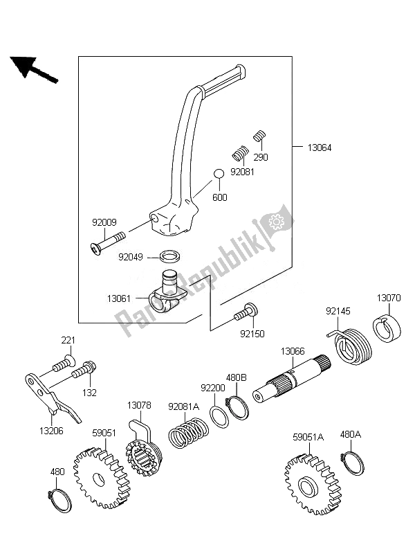 All parts for the Kickstarter Mechanism of the Kawasaki KX 65 2010