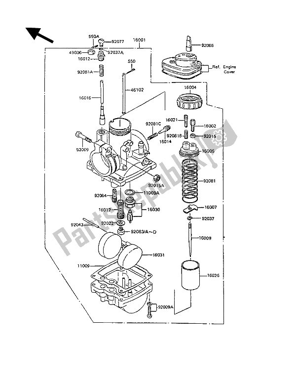 Tutte le parti per il Carburatore del Kawasaki KE 100 1991