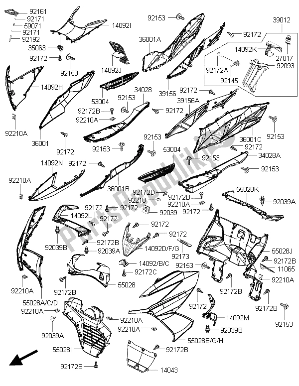 All parts for the Leg Shield of the Kawasaki J 300 2015