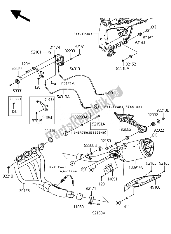 All parts for the Muffler of the Kawasaki Z 750 ABS 2007