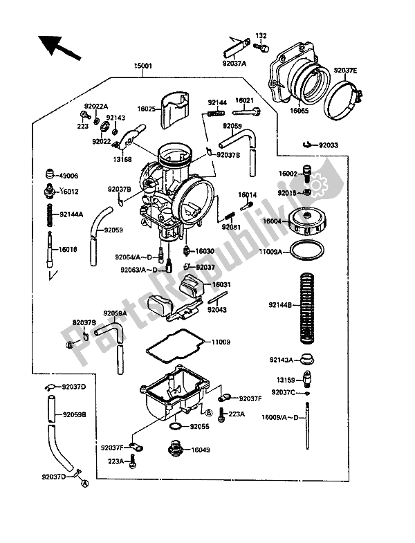 Alle onderdelen voor de Carburator van de Kawasaki KDX 200 1988