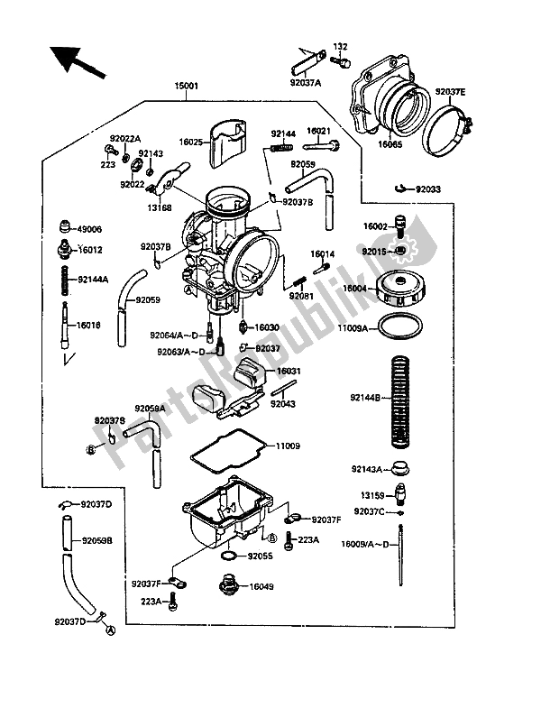 Alle onderdelen voor de Carburator van de Kawasaki KDX 200 1988