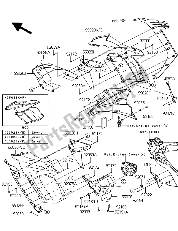 Alle onderdelen voor de Motorkap (midden) van de Kawasaki Z 1000 SX ABS 2011