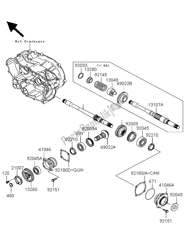 All parts for the Front Bevel Gear of the Kawasaki KVF 360 4X4 2003