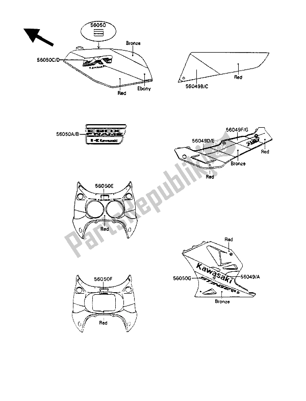 Tutte le parti per il Decalcomanie (rosso-ebano-bronzo) del Kawasaki ZXR 750 1989
