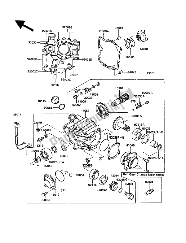 All parts for the Front Bevel Gear of the Kawasaki 1000 GTR 1990