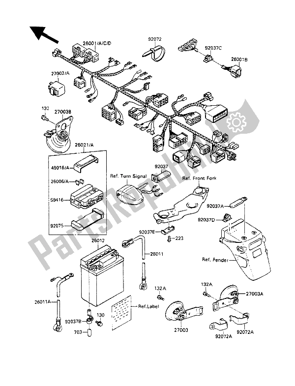 Alle onderdelen voor de Chassis Elektrische Apparatuur van de Kawasaki GPZ 500S 1989