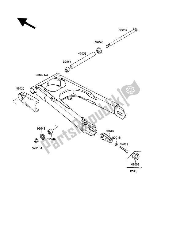 Alle onderdelen voor de Achterbrug van de Kawasaki GPZ 500S 1989