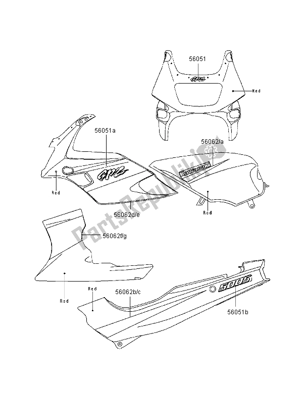 Todas las partes para Calcomanías (rojo) de Kawasaki GPZ 500S 1999