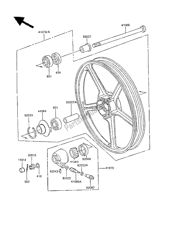 Alle onderdelen voor de Voornaaf van de Kawasaki GPZ 305 Belt Drive 1987