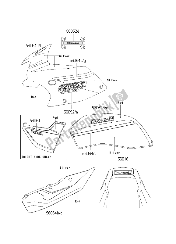 Todas las partes para Calcomanías (rojo-plata) de Kawasaki ZRX 1200S 2001