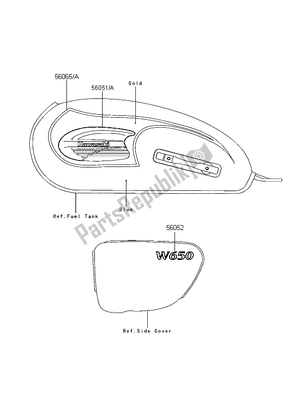 All parts for the Decals (blue-gold) of the Kawasaki W 650 2004