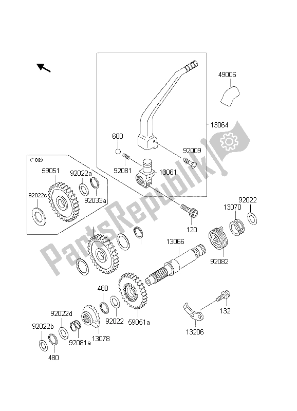 All parts for the Kickstarter Mechanism of the Kawasaki KLX 300R 2002