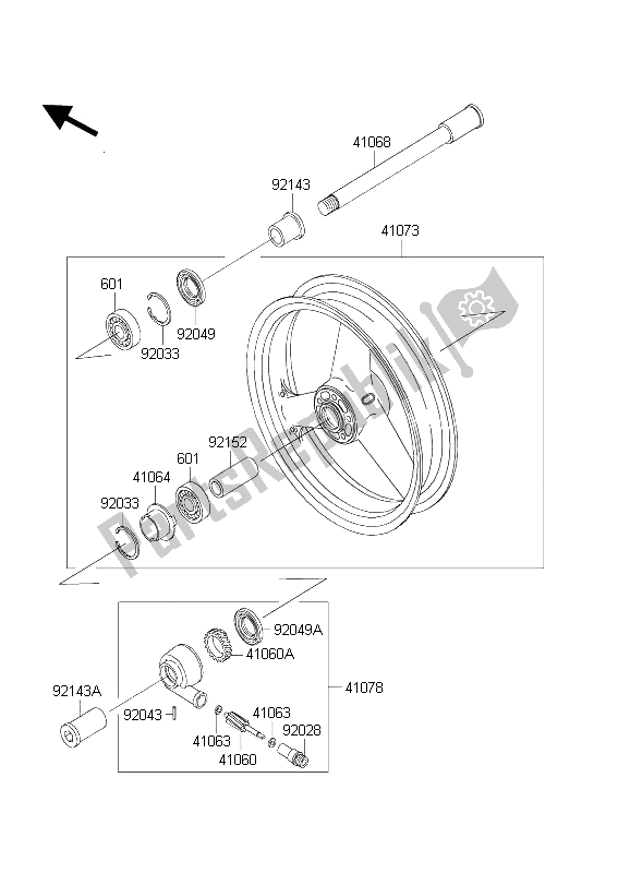 All parts for the Front Hub of the Kawasaki ZRX 1200 2004