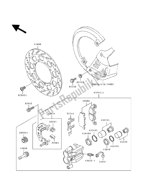 All parts for the Front Caliper of the Kawasaki Tengai 650 1989