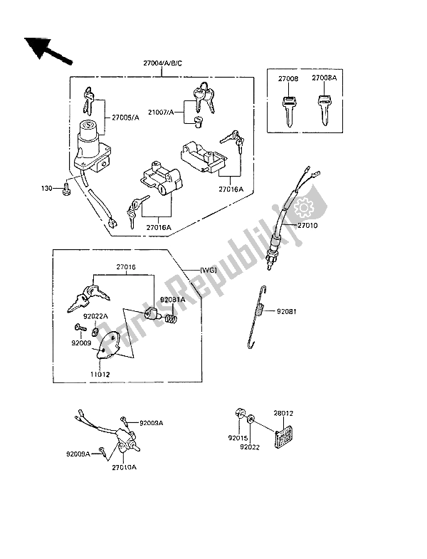 All parts for the Ignition Switch of the Kawasaki GPZ 305 Belt Drive 1988