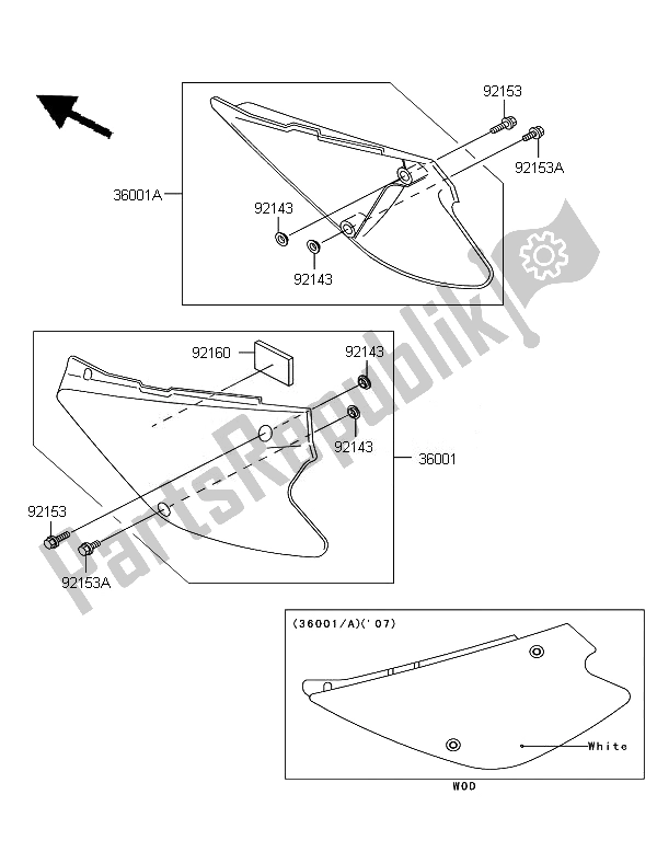 Todas as partes de Tampas Laterais do Kawasaki KX 85 SW LW 2007