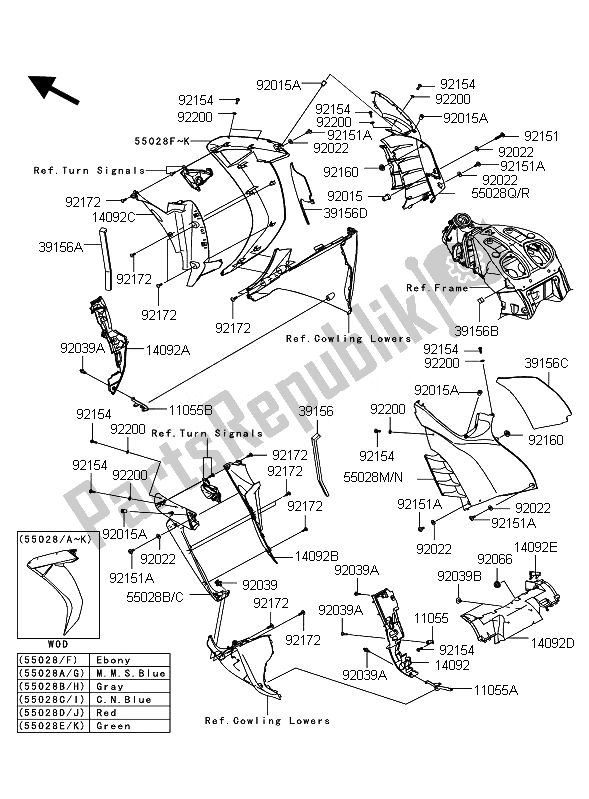 All parts for the Cowling Center of the Kawasaki 1400 GTR ABS 2010