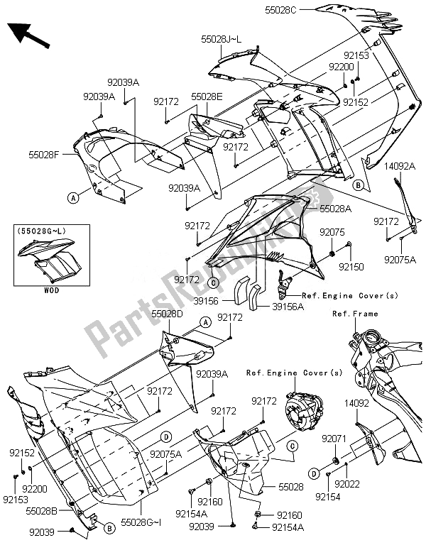 All parts for the Cowling (center) of the Kawasaki ZX 1000 SX 2014