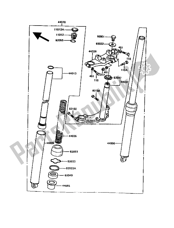 All parts for the Front Fork of the Kawasaki KE 100 1992