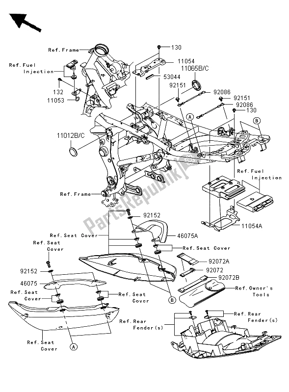 Alle onderdelen voor de Frame Hulpstukken (jkaer650aba035083) van de Kawasaki ER 6N ABS 650 2008