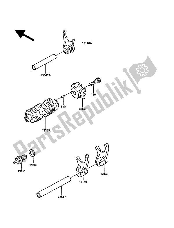 All parts for the Gear Change Drum & Shift Fork(s) of the Kawasaki KLR 250 1988