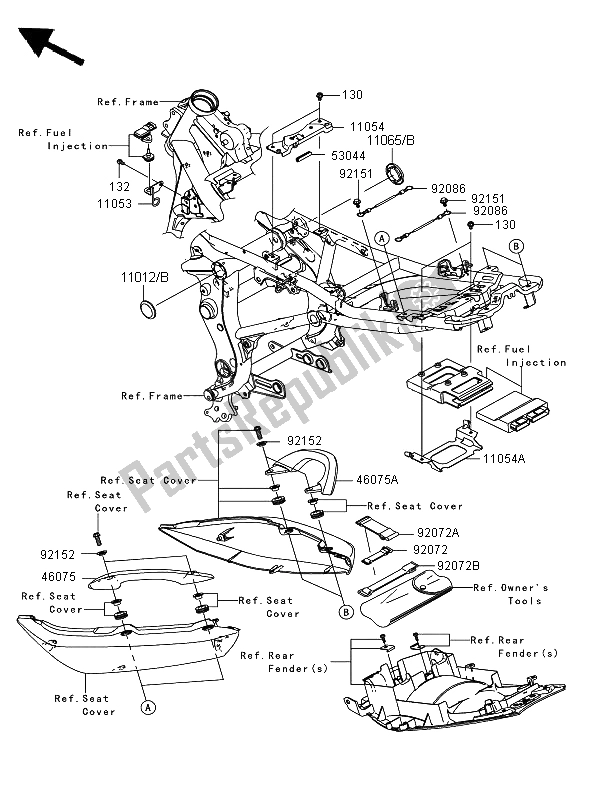 All parts for the Frame Fittings (jkaex650aba022144 ) of the Kawasaki ER 6F ABS 650 2008